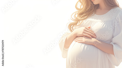 A pregnant woman hugs her belly. The concept of motherhood, expecting a baby, child, childbirth, love. Copy space.