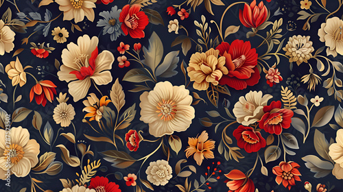 Floral pattern of red and white flowers on navy blue background