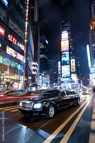 A taxi cab, illuminated by the city lights, navigates through a crowded urban street at night. The yellow vehicle blends in with the sea of cars and people, creating a dynamic and vibrant scene