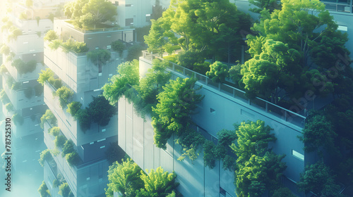 Ecological architecture: houses overgrown with trees. Urban high-rise buildings with landscaping. The concept of ecology in the city, urban greening, life in cities without people