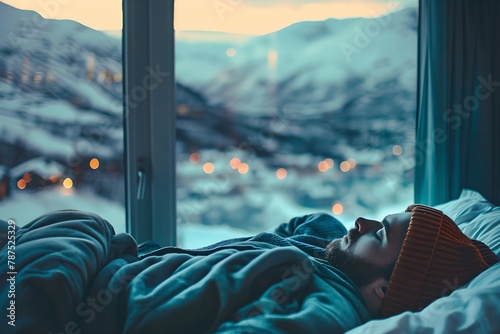 Man napping in bed with winter mountain view. Sleep tourism trend. Healthy living concept. Travel and adventure. Health and wellness. Design for banner, poster