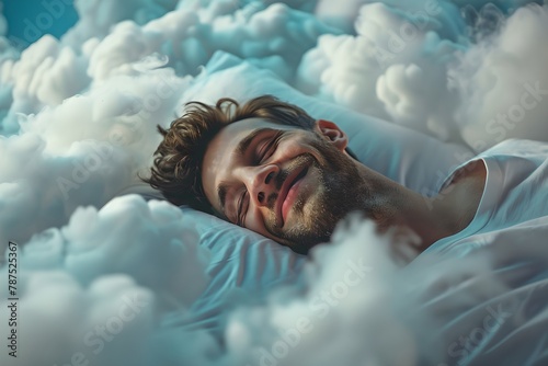 Smiling man sleeping among soft clouds. Dream and fantasy. Healthy living concept. Relaxation and sleep. Health and wellness. Design for banner, poster