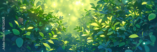 Green leaves of a sunny forest with glimpses of light through the foliage. Green banner background with bright green leaves