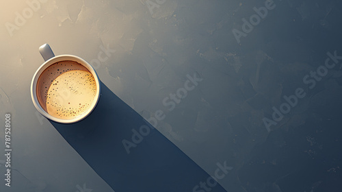 Cup of coffee on a dark background with a long shadow. Minimalistic image of a cup of coffee.
