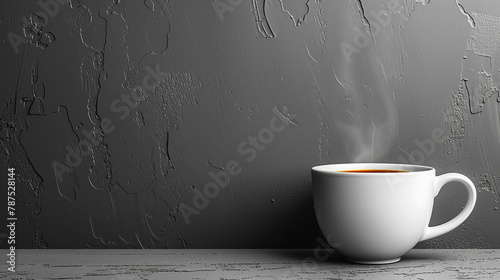 A cup of hot tea near a concrete wall on the table