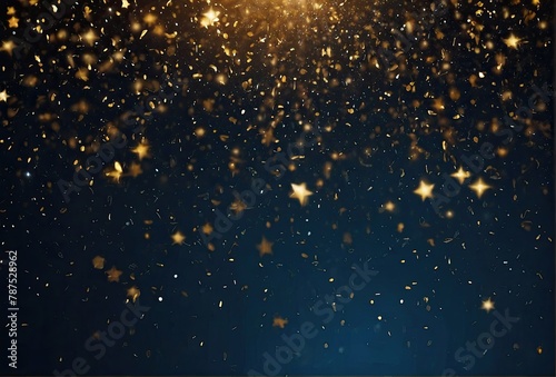 Abstract blue and gold background with particles. Golden light sparkle and star shape on dark endless space wallpaper. 