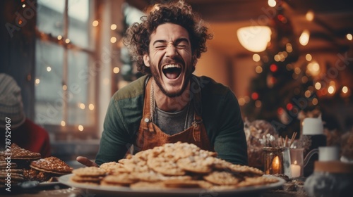 Joyful Man Laughing with Homemade Cookies During Holiday Season