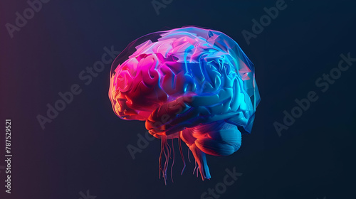 anatomic brain, perfectly designed 3D, solid, pink and blue tones, vivid rainbow colours, plain black background
