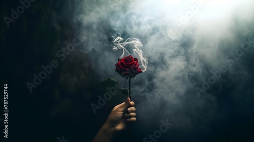Hand Holding Dark Red Rose With Smoke Coming Out (Generative AI)
