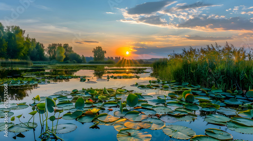 A calm pond with lily pads at sunset, polarizing filter to reduce reflections and enhance the colors of the sky and foliage