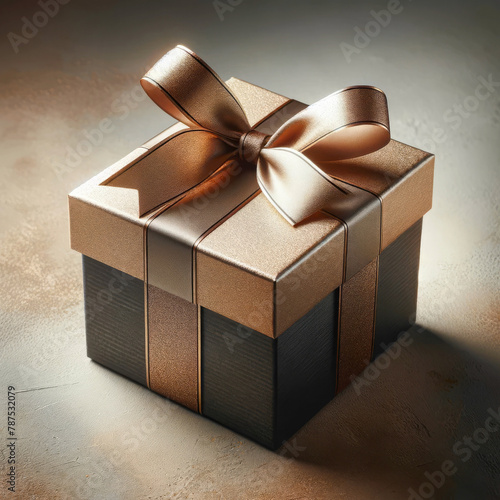 Cadeau emballé avec bolduc, format carré, idéal pour anniversaire, carte, fête, couleurs dorées. 