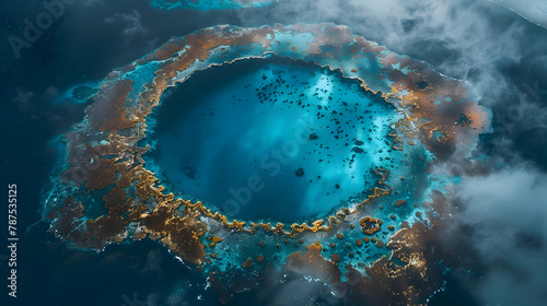 A coral atoll from a bird's eye view, drone photography to capture the stunning contrast between the deep blue sea and the coral ring