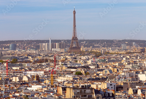 View of Paris from above on a clear sunny morning.