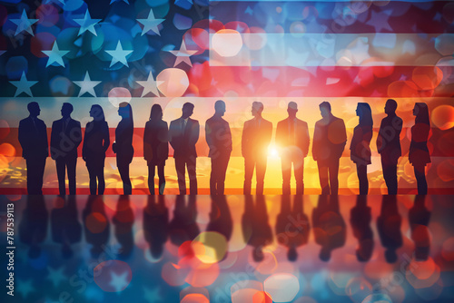 American people, US election. Silhouettes of diverse American citizens in front of an American Flag