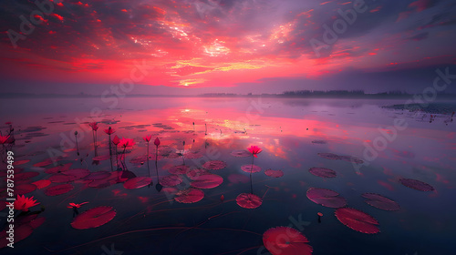 The serene beauty of a lotus pond at sunrise, shot using a polarizing filter to cut the glare on the water and enhance the vibrant colors of the flowers