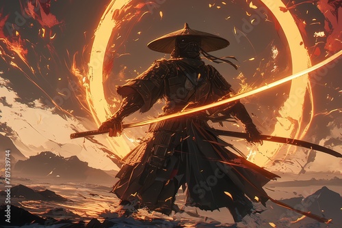 Concept art of a samurai with two katanas formed in an arching pose, wearing a hat and armor made from metal plates