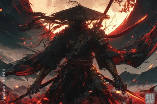concept art of an Asian samurai with two katanas standing in front of the moon, wearing a Japanese conical hat.