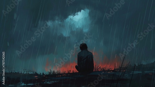 A man sits on a hillside in the rain, looking out at the fire. Scene is somber and reflective, as the man seems to be contemplating something. The rain adds to the sense of melancholy