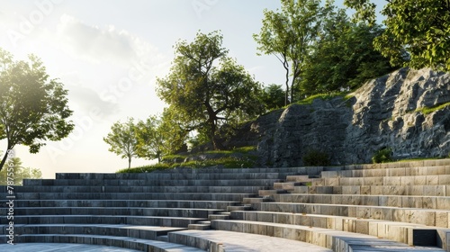 Blank mockup of an amphitheater stage with tiered seating and a stage built into a natural landscape such as a hill or cliff perfect for outdoor concerts. .