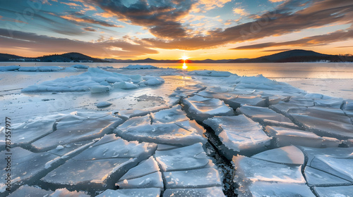 A frozen lake breaking up in the early spring, time-lapse photography to show the dynamic cracks forming and spreading across the ice