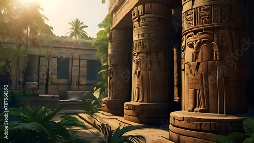 ai generated realistic beautiful egypt ancient temple hidden in a forest with intricate carvings and surrounded by dense foliage and magnificent ancient buildings