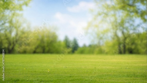 Beautiful blurred background image of spring nature with a neatly trimmed lawn surrounded by trees against a blue sky with clouds on a bright sunny day.