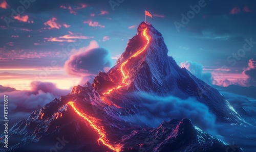 A mountain with a red lava flow and a flag on top