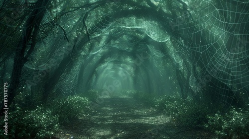 A forbidden forest path, marked by webs that whisper secrets to those ensnared