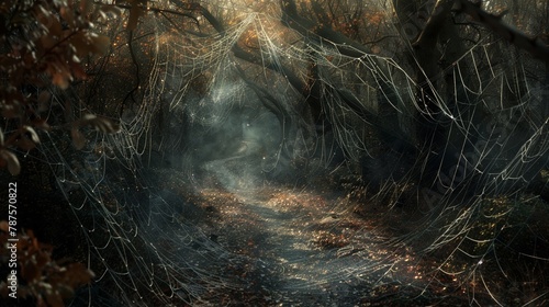 A forbidden forest path, marked by webs that whisper secrets to those ensnared