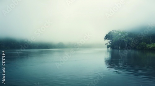 Amazon river in the middle of the forest with fog in Latin America