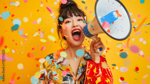 Happy Asian lady in bright outfit cheering loudly with megaphone amid confetti shower on vivid yellow background