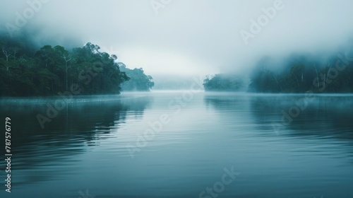 Amazon river in the middle of the forest with fog in Latin America, Colombia, Venezuela, Brazil, Ecuador. in high resolution and high quality. concept landscape, vacation, travel