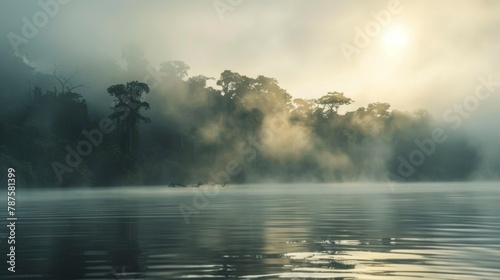 Beautiful sunrise seen from an Amazon river surrounded by forest with fog in high resolution and high quality. landscape CONCEPT