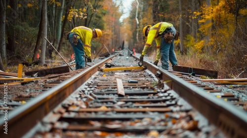 Railway maintenance crew in high-visibility clothing repairing tracks in wooded area.