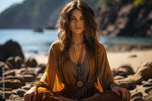Serene young woman meditating on a rocky beach