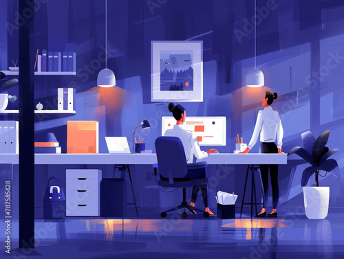 Illustration of two people working late in an office with computer screens and a cozy, dim atmosphere.