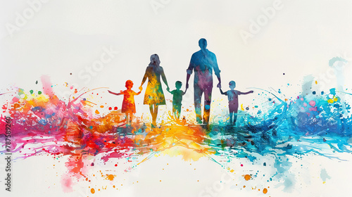 Multi colored silhouettes of family watercolor with different shades showing Diversity and inclusion, equity and belonging, happy family, parents day 