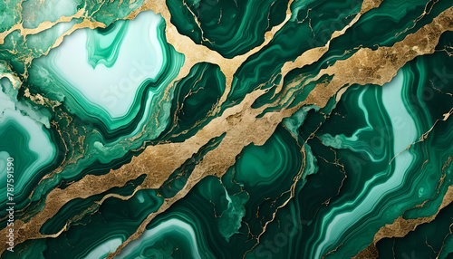 Emerald green marble abstract background with gold splashes