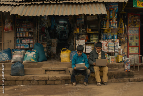 Young Learners in a Rural Setting. Two young boys sitting on steps outside a rural shop, each using a laptop, with various goods and a magazine rack in the background.