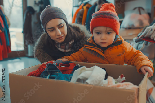 Woman and child sorting clothes and packing into cardboard box. Donations for charity, help low income families, declutter home, sell online, moving moving into new home, recycling, sustainable living