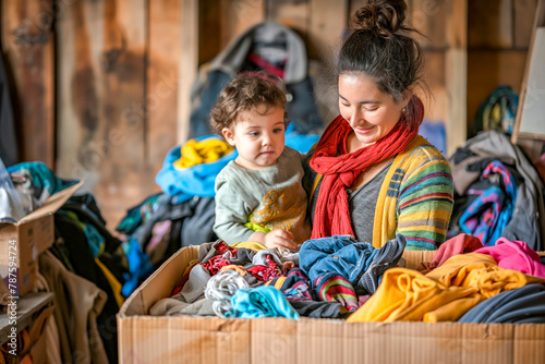 Woman and child sorting clothes and packing into cardboard box. Donations for charity, help low income families, declutter home, sell online, moving moving into new home, recycling, sustainable living