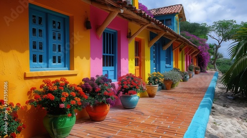 Architecture and Travel Photography. Colorful Colonial Buildings with Flowers. Vibrant Facades, Cultural Charm, Bright Yellow and Blue.