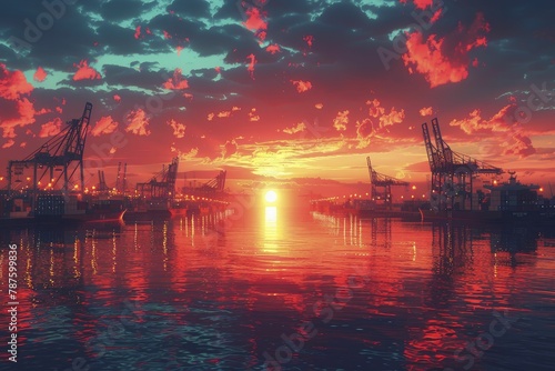 Industrial harbor at twilight, cranes and shipping containers cast in silhouette, reflective water mirroring the scene.