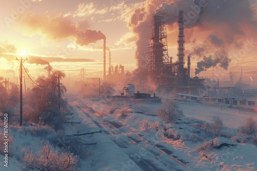 In the early morning, a serene industrial setting emerges, with snow blanketing structures and smokestacks in a gentle glow.