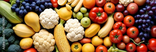 Assorted fresh fruits and vegetables including bananas, tomatoes, carrots, grapes, lemons, cauliflower, and corn arranged closely together