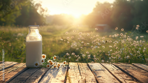 beautiful glass bottle of milk on wooden desk table top with nature background , space for text, cards banners or posters 