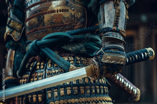 Details of a samurai's armor and sword