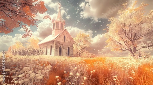 A country chapel visualized in 'Rustic Holography', merging rustic rural charm with futuristic holographic technology, in rustic beige and hologram orange