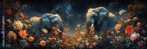 Starlit Elephants Amidst Floral Euphoria in Moonlit Garden