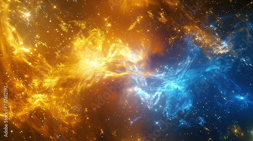 A dance of twin stars in 'Cosmic Symphony', where celestial bodies dance in a musical rhythm, expressed in solar flare yellow and binary blue